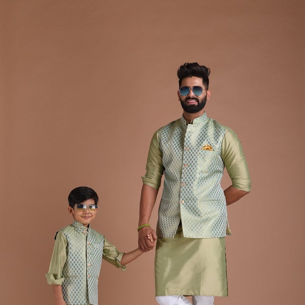 Bespoke Traditional Indian Kurta Pajama Nehru Modi Jacket Set in Sea Green Color | Perfect for Weddings, Available in  Father Son Combo