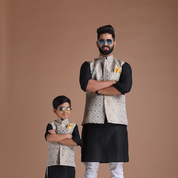 Greyish Blue Half Jodhpuri Designer Jacket With Silk Kurta Pajama Set for Kids | Available in Father Son Combo | Comfortable wear for kids