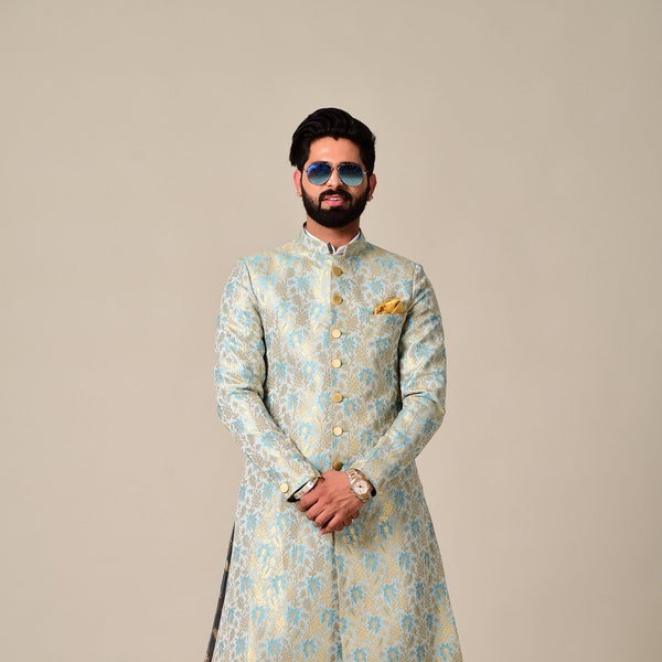 Handmade Men Brocade Silk Sherwani Achkan for Men | Sky Blue Golden Color | Formal Kurta Style wear | Perfect for Family Weddings & Grooms