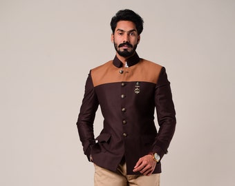 Umber Brown Dual Color Bandhgala Blazer With Trouser