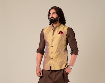 Violet Gold Designer Brocade Half Jodhpuri Jacket With Kurta Pajama Set