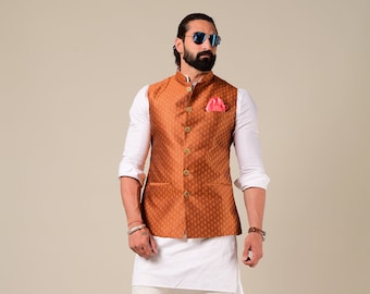 Elegant Bright Rust Half Jodhpuri Jacket with Kurta Pajama Set