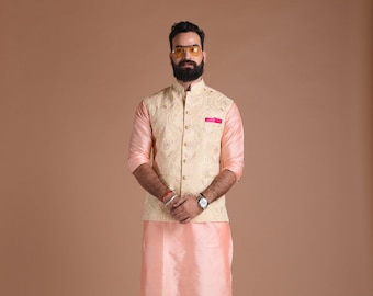 Quitting Work Floral Pattern Nehru Jacket with Silk Kurta Pajama Set| Fee Personalization |  Best for Sangeet Function | Wedding Ceremony
