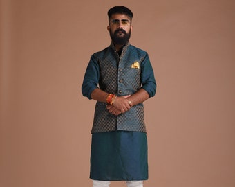 Leaf Pattern Dark Green Brocade Half Jodhpuri Jacket With Kurta Pajama | Best For Wedding Function | Cocktail Party |