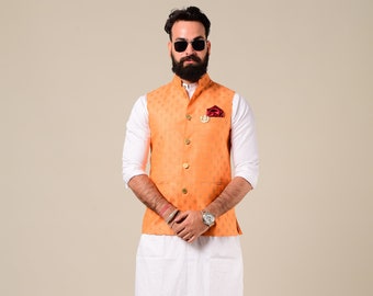 Bollywood Style Handmade Orange White  Kurta Pajama Brocade Nehru Jacket set | Wedding Functions  Rakshabandhan Diwali Eid Open Lawn Party