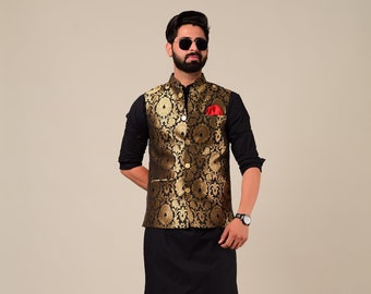 Handmade Elegant Punjabi Style Black Kurta Pajama Nehru Jacket Set | Traditional Functions Weddings Diwali Eid Rakshabandhan |