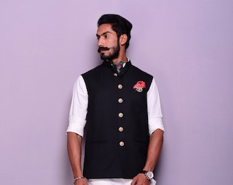 Plain Black Nehru Jacket With White Shirt And Trouser
