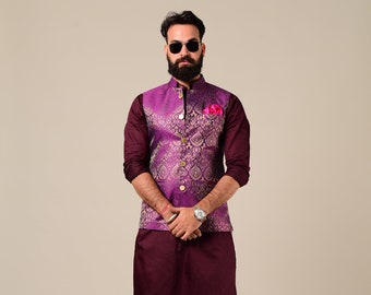 Handmade Elegant Maroon Kurta Pajama Set with Jam Purple Nehru Jacket | Open Day Functions Wedding Ceremonies Festivals Indian Dinner