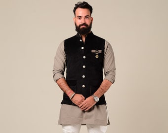 Black Velvet Puff Pocket Half Jodhpuri Jacket with Kurta Breeches Set