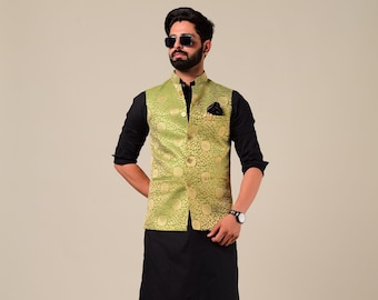 Spring Bug And Golden Brocade Designer Half Jodhpuri Jacket with Kurta Pajama Set