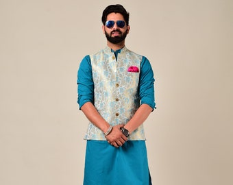 Handmade Elegant Jodhpuri Sky Blue Nehru Modi Jacket with Kurta Pajama Set | Free Personalisation | For Marriage Functions Festivals |