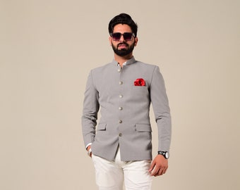 Handmade Light Grey Jodhpuri Bandhgala Blazer Jacket with Trouser | Perfect Contemporary style Indian Formal , functional and Party Wear |