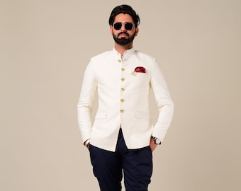 Personalized White Elephant Button Bandhgala Blazer with Navy Blue Trouser | Partywear for Grooms and Friends | Handcrafted Vintage Buttons