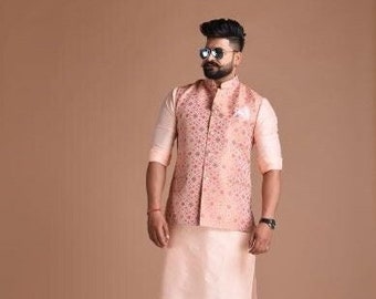 Jaipuri Floral Pattern Nehru Jacket With Kurta Pajama | Fee Personalisation | Best for Sangeet Function