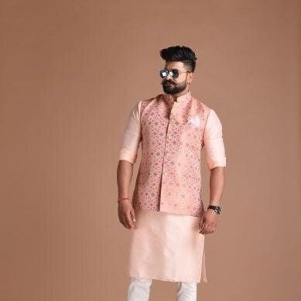 Jaipuri Floral Pattern Nehru Jacket With Kurta Pajama | Fee Personalisation | Best for Sangeet Function