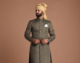 Handmade Booti Pattern Brocade Silk Sherwani Achkan for Men | Dark Green Color | Functions wear | Perfect for Family Weddings & Grooms