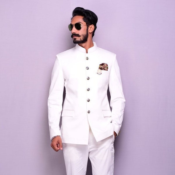 Bespoke Classic White Jodhpuri Bandhgala Suit for Men | Best Buy for Formal Events Parties Weddings | Elite Elegant Dignified Appearance