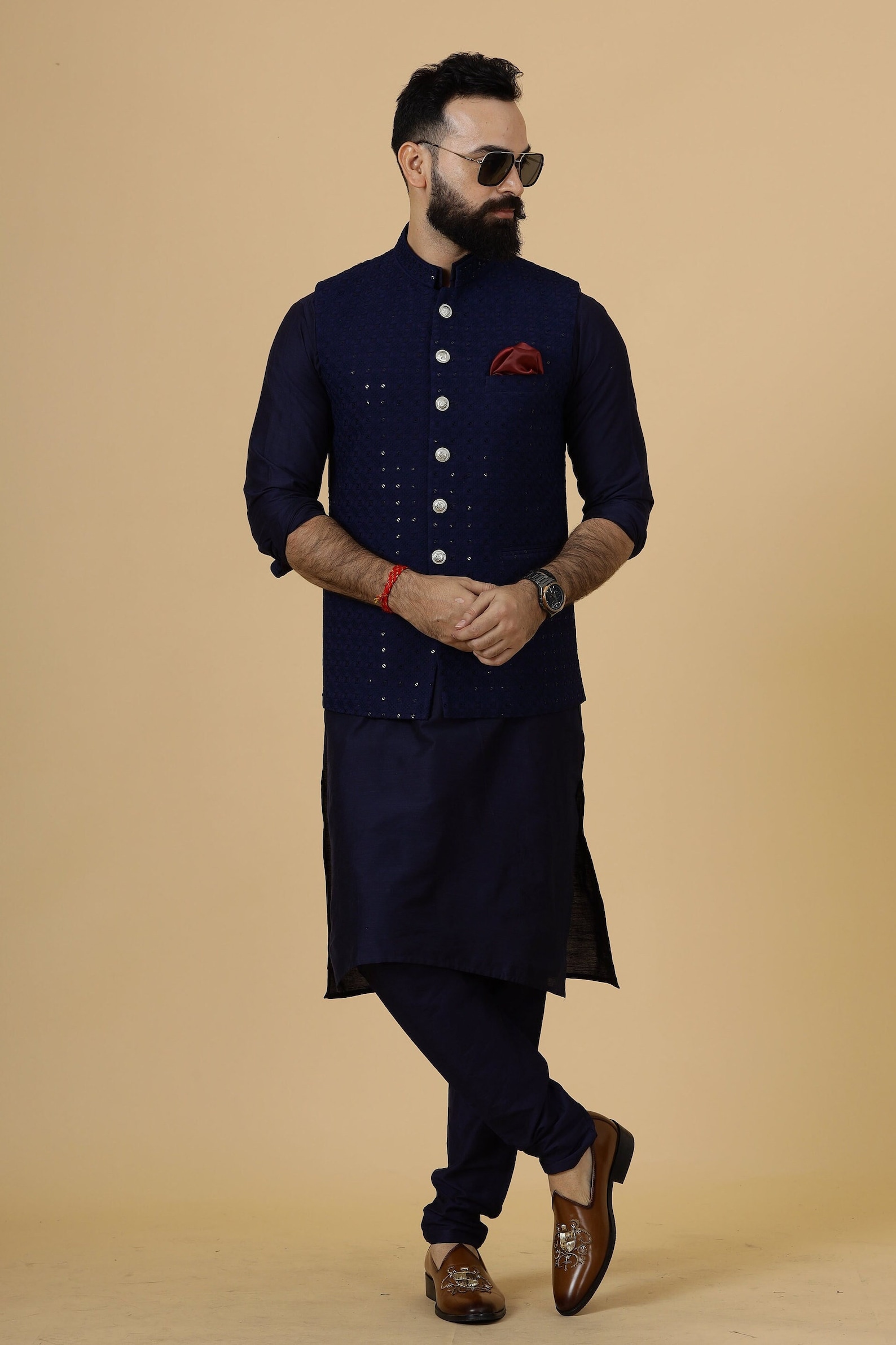 Navy Blue Chikankari Kurta Pajama with Jodhpuri Jacket - Handcrafted
