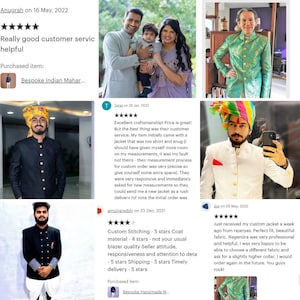 K&ouml;nnte beinhalten: Kundenrezensionen f&uuml;r ma&szlig;geschneiderte indische Jacken. Das Bild zeigt mehrere Personen, die ma&szlig;geschneiderte Jacken in verschiedenen Farben und Stilen tragen. Die Bewertungen heben die Qualit&auml;t der Handwerkskunst und des Kundenservice hervor.