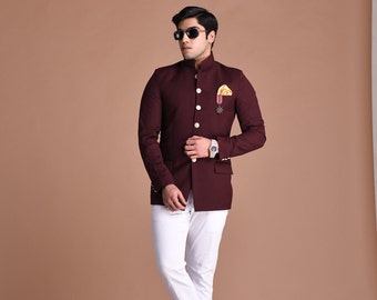 Wine Color Jodhpuri Bandhgala Designer Blazer with White Trouser| Partywear for Grooms and Friends | Wedding Functions | Open Lawn Party