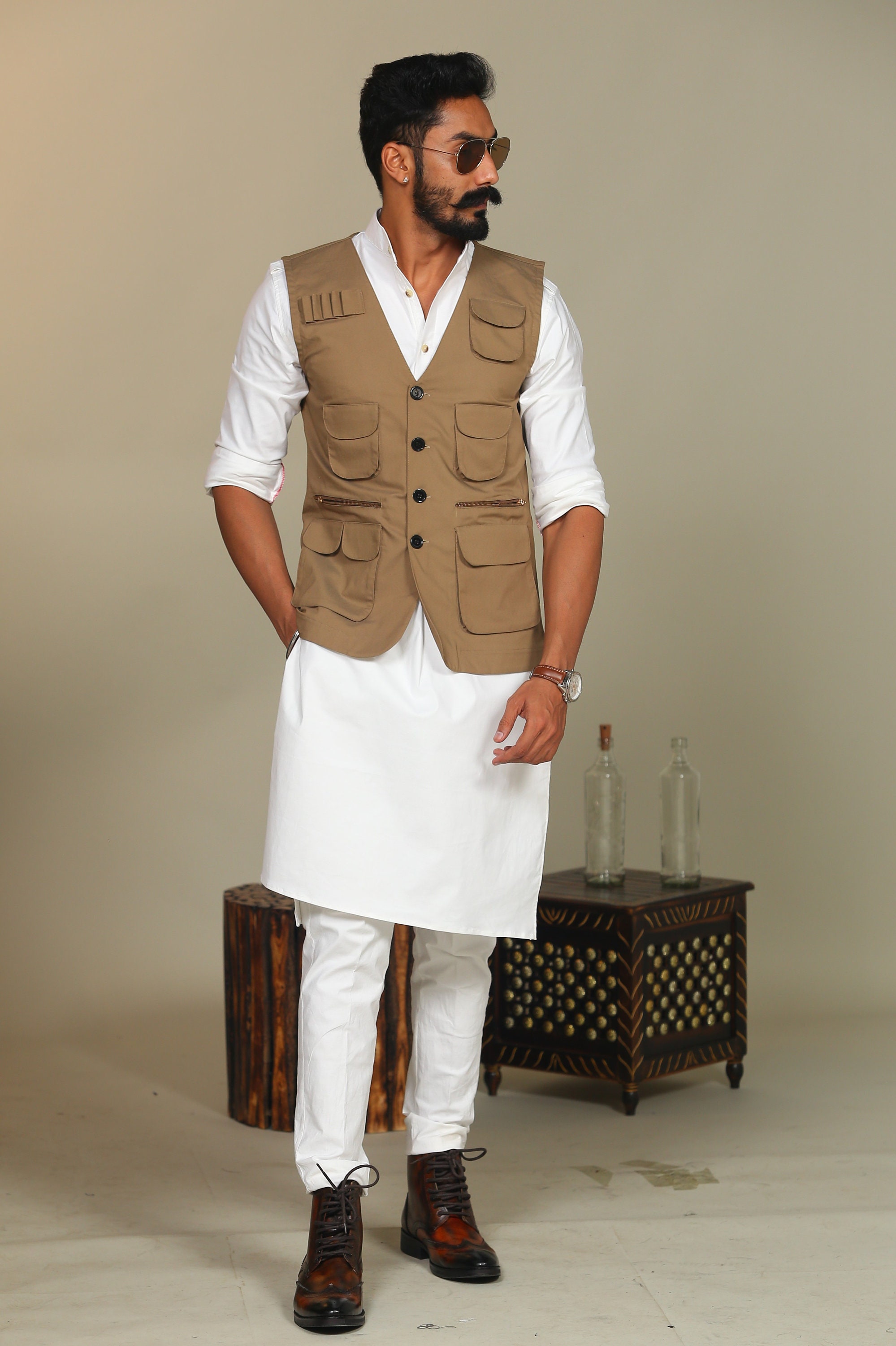 Royal Hunter Half Jodhpuri Khaki Color Jacket With kurta Pajama set