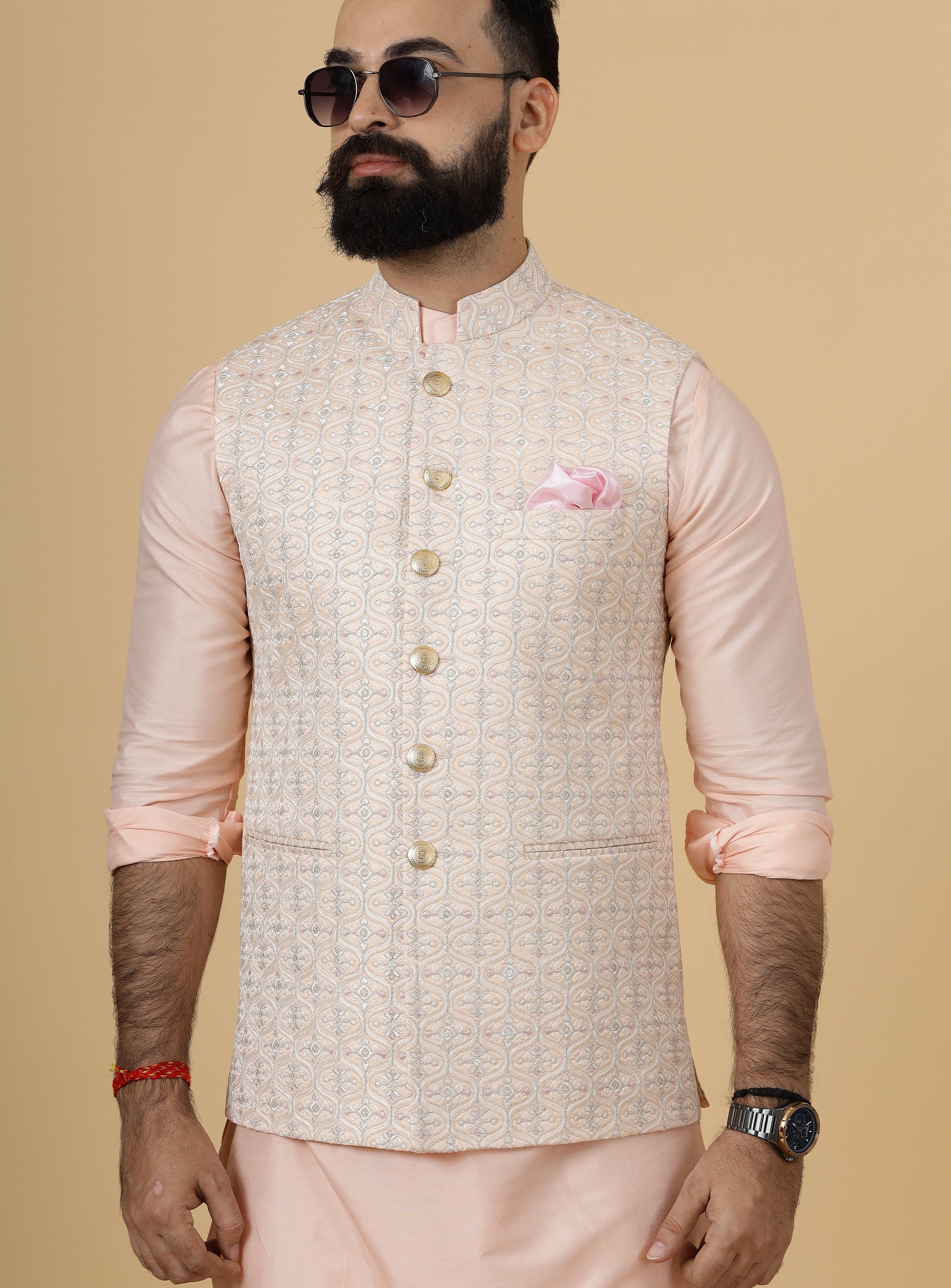 Peach kurta pajama with jacket sale