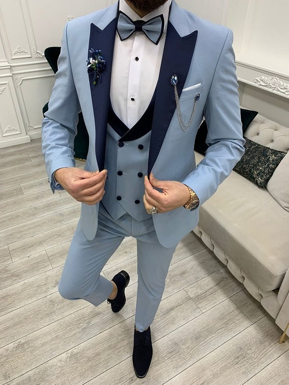 Buy Aesthetic Navy-blue Lapel Collared Sky Blue 3-piece Suit