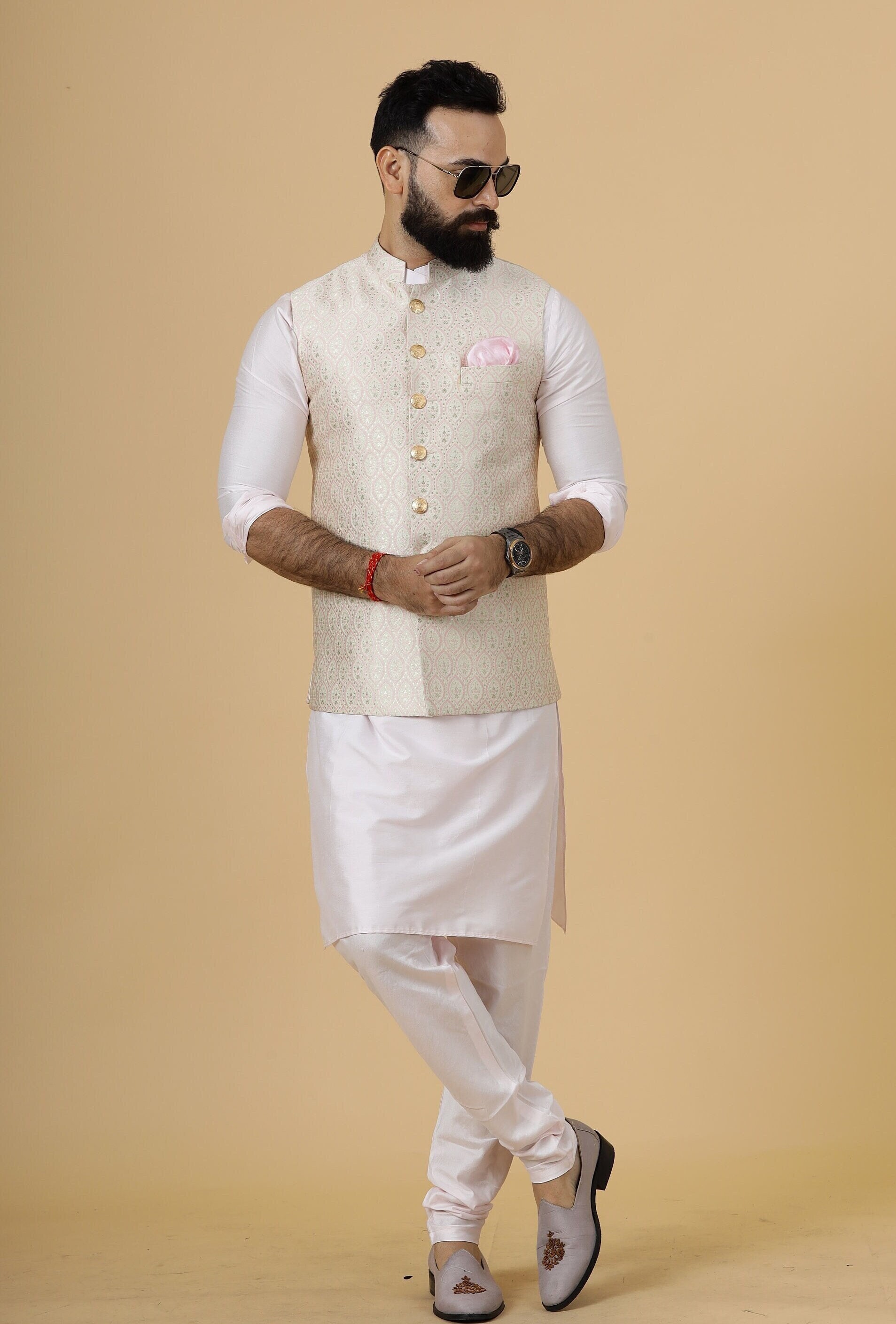Soft Pink Kurta Pajama Set With Beige Banarasi Silk Half Jodhpuri Jacket handcrafted free Personalization Diwali Sangeet Party Etsy Canada