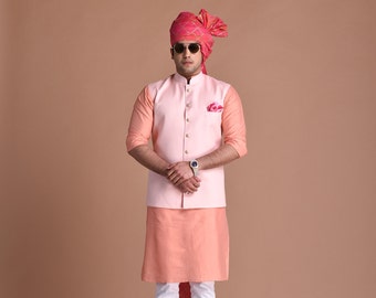 Pink Terry Rayon Nehru Jacket With Peach Silk Kurta Pajama Set | Perfect Traditional Functions Weddings | Father Son Combo