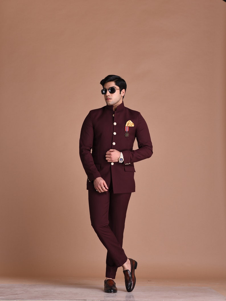 DESIGNER BANDHGALA SET IN WINE main image 1