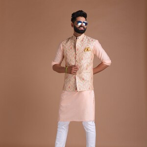 Elegant Banarsi Light Pink Color Designer Half Jodhpuri Jacket with Silk Kurta Pajama Set Fee Personalisation Festivals Family Function image 5