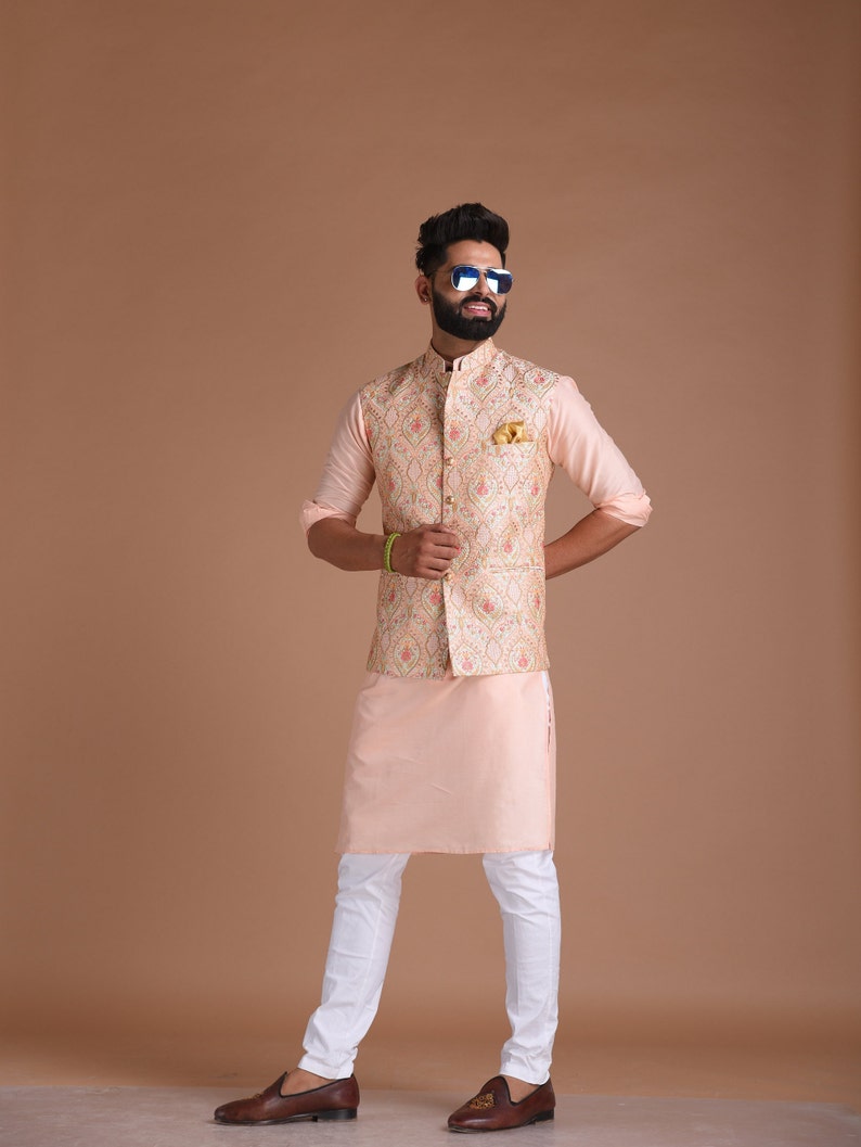 Elegant Banarsi Light Pink Color Designer Half Jodhpuri Jacket with Silk Kurta Pajama Set Fee Personalisation Festivals Family Function image 5