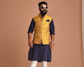 Handmade Diamond Shape Booti Pattern Golden Yellow Color Brocade Nehru Jacket With Kurta Pajama Set Best For Wedding Functions