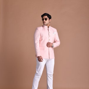 Light Pink Bandhgala Jodhpuri Designer Blazer With White Trouser | wedding Functions | Perfect for formal Party Wear