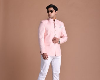 Light Pink Bandhgala Jodhpuri Designer Blazer With White Trouser | wedding Functions | Perfect for formal Party Wear