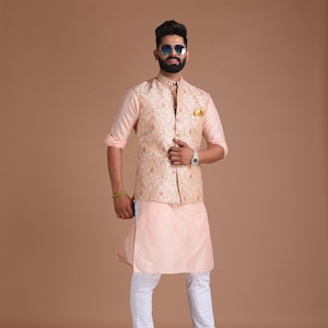 Elegant Banarsi Light Pink Color Designer Half Jodhpuri Jacket with Silk Kurta Pajama Set Fee Personalisation Festivals Family Function image 3