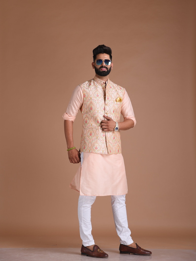 Elegant Banarsi Light Pink Color Designer Half Jodhpuri Jacket with Silk Kurta Pajama Set Fee Personalisation Festivals Family Function image 3