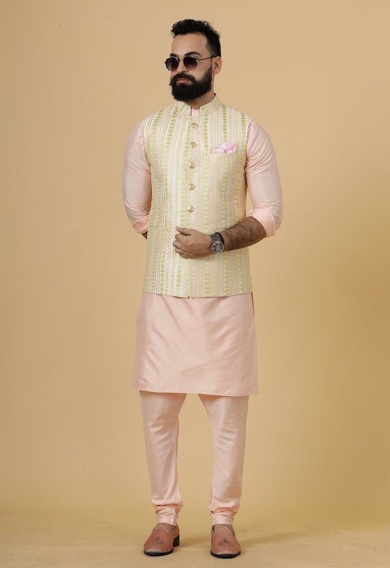 Peach Kurta Pajama Set With Cream Vertical Thread Embroidered Half Jodhpuri Jacket handcrafted free Personalization diwali Sangeet Party Etsy Canada