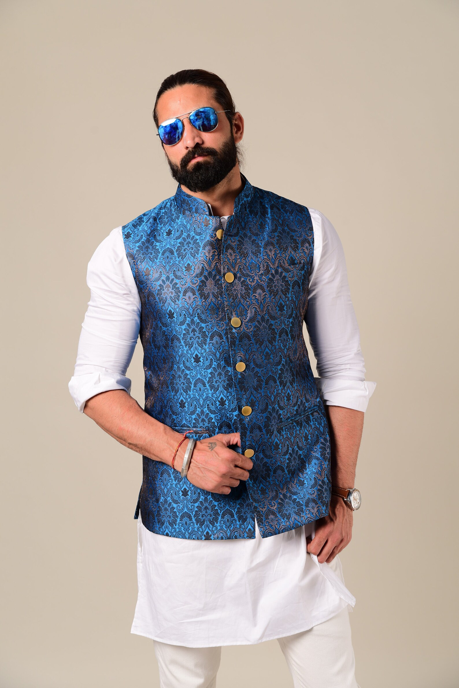 Elegant White Kurta Pajama with Cobalt Blue Nehru Modi Jacket Etsy