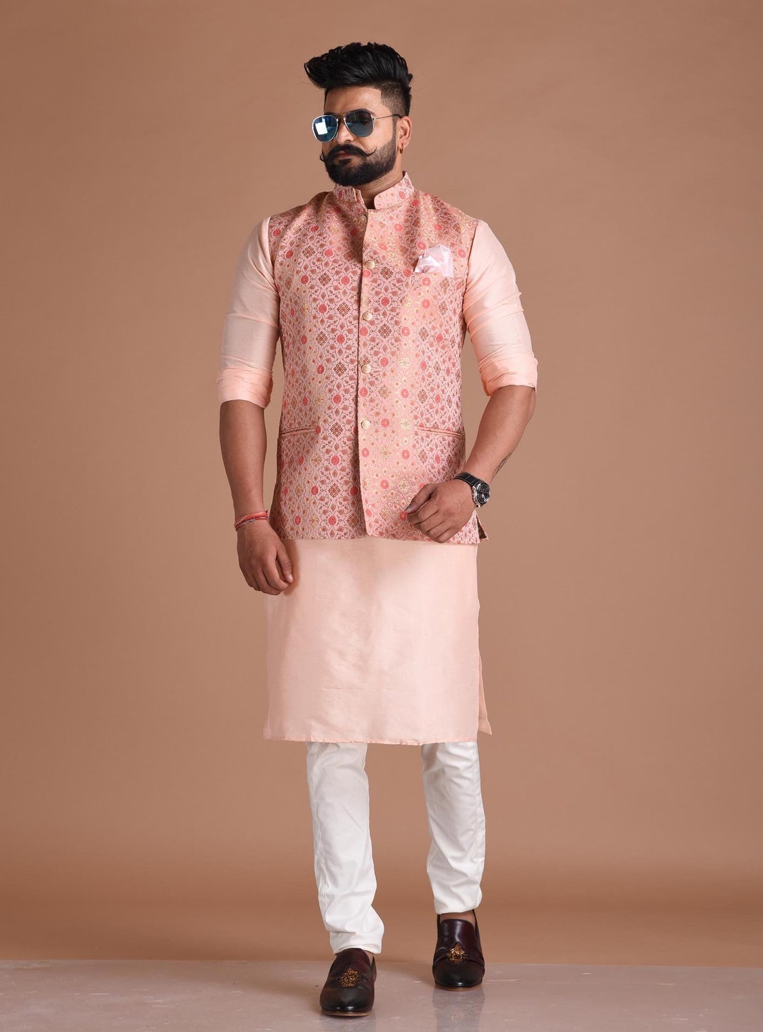 Jaipuri Floral Pattern Nehru Jacket With Kurta Pajama Fee