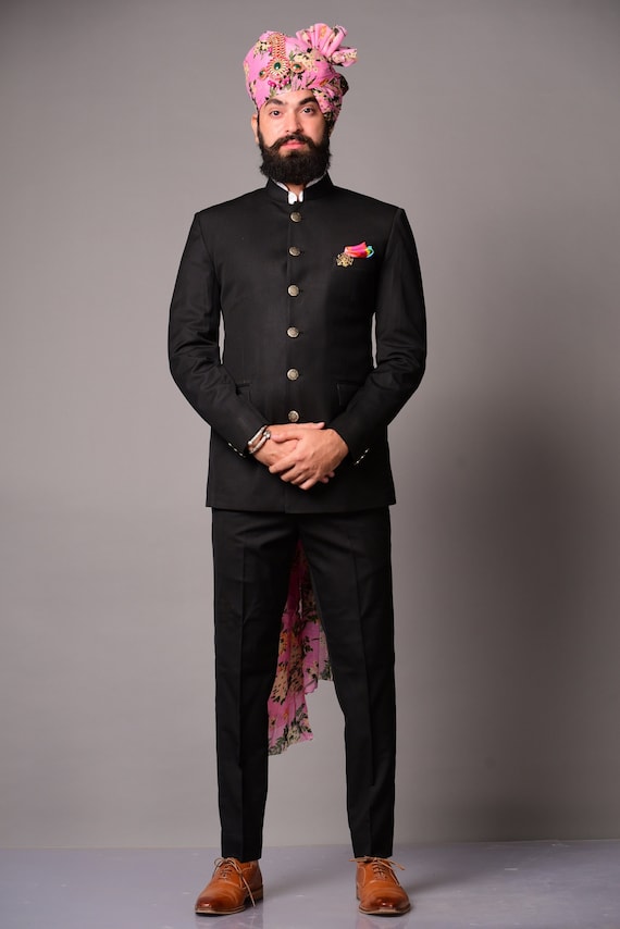 Black Viscose Blend Self Jacquard Bandhgala Set Design by Manish Nagdeo at  Pernia's Pop Up Shop 2024