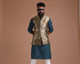 Maharaja Style Handmade Kim-Khab Half Jodhpuri Jacket with Kurta-Pajama Set | Golden Cyan Color |