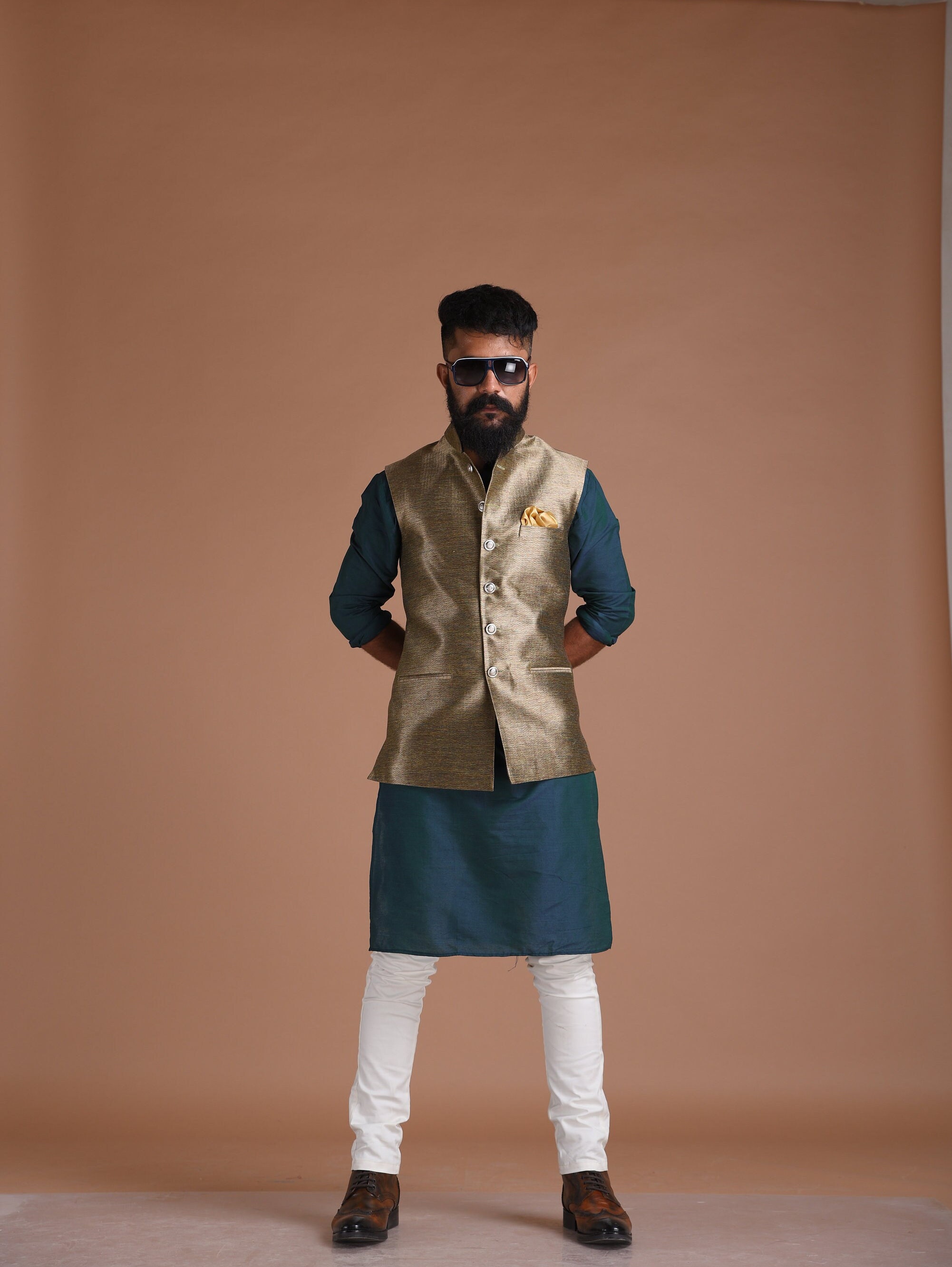Set Kurta Pigiama Uomo In Mista Seta Con Giacca Nehru - Eleganza Indiana Per Cerimonie - 5
