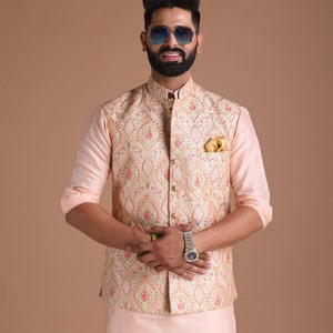 Elegant Banarsi Light Pink Color Designer Half Jodhpuri Jacket with Silk Kurta Pajama Set Fee Personalisation Festivals Family Function image 4