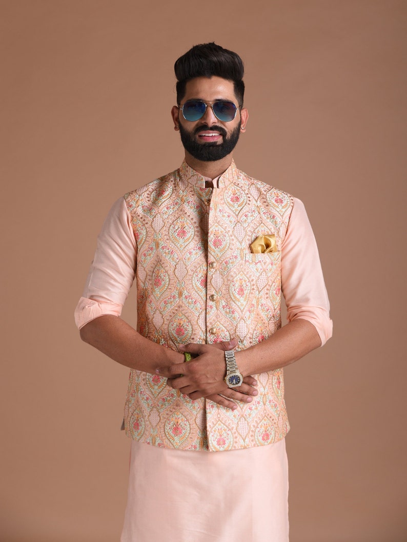 Elegant Banarsi Light Pink Color Designer Half Jodhpuri Jacket with Silk Kurta Pajama Set Fee Personalisation Festivals Family Function image 4