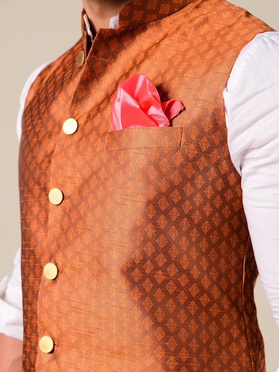 Elegant Bright Rust Half Jodhpuri Jacket With Kurta Pajama Set