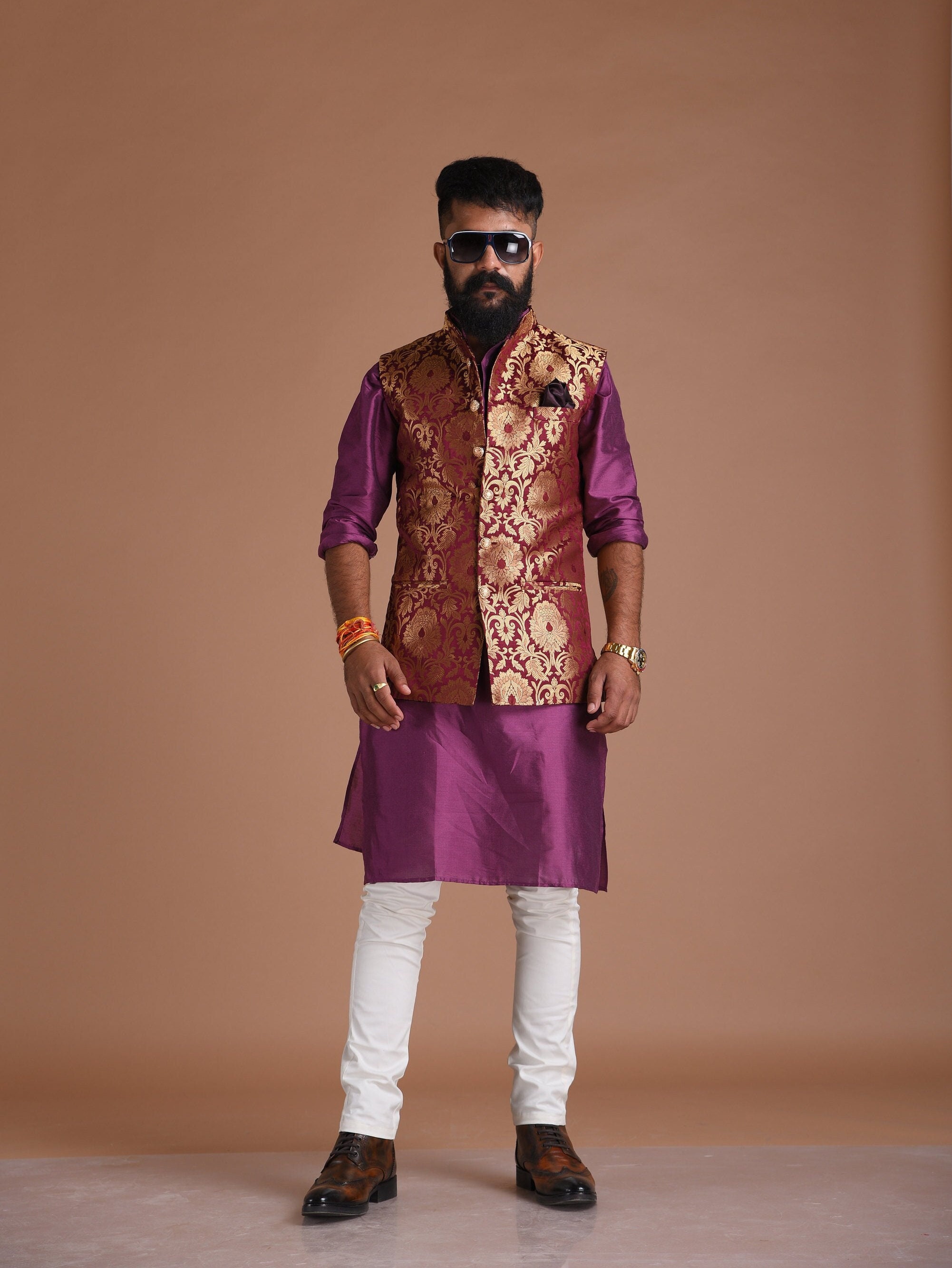 Kurta Pajama Online | Buy Cream Kurta Pajama 3 Pcs Jacket Set