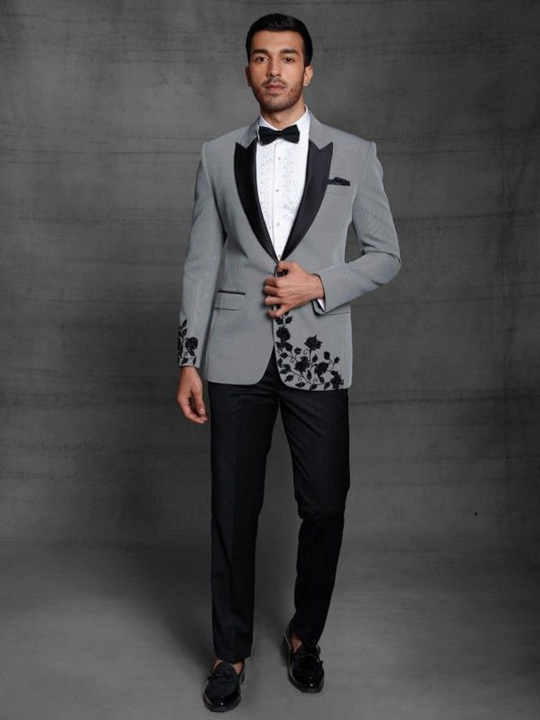 Blazer Gris Bordado a Mano con Cuello de Solapa Negro Pantalon Negro Perfecto para Evento Coctel Evento de Oficina Boda Etsy Mexico