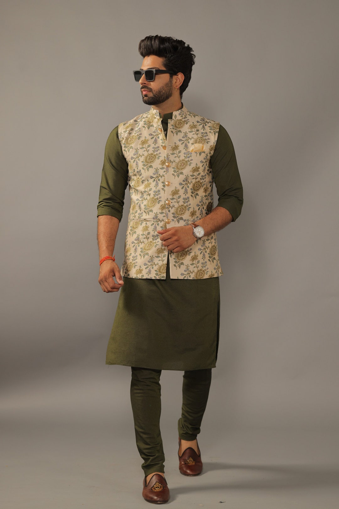 Babyhug Full Sleeves Kurta Pajama Set with Embroidered Jacket - Light Green & White main image 0