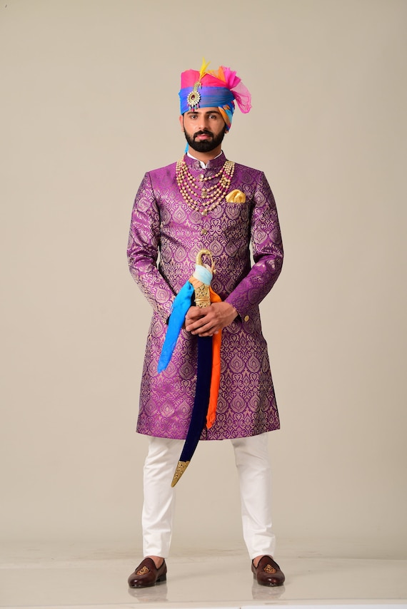 Jam Purple Designer Kimkhab Royal Rajputana Style Achkan Etsy UK
